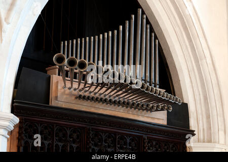 Organ pipes in St. Mary`s Church, Luton, Bedfordshire, England, UK Stock Photo